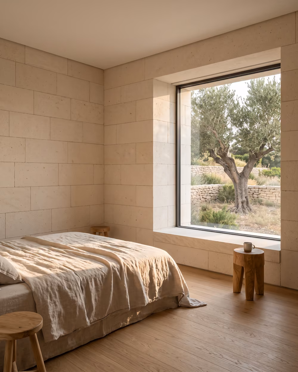 Une chambre au rez-de-chaussée : murs en pierre calcaire, lit en lin, fenêtre sur un olivier et un muret de pierre sèche.