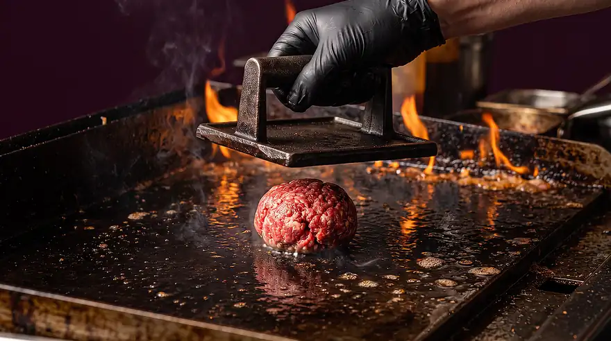 Presse en fonte qui descend écraser une boule de bœuf sur la plaque en flammes