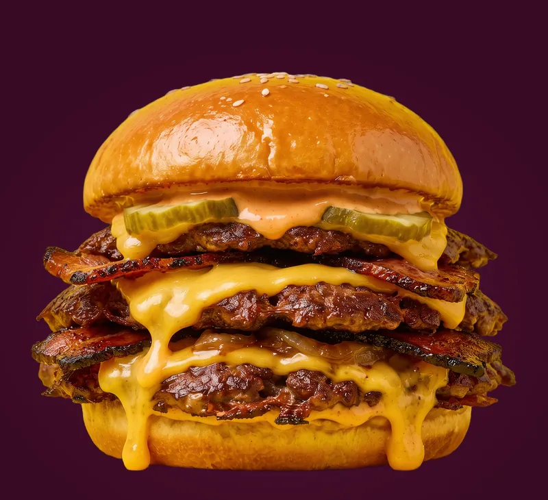 Le burger de la maison : trois steaks smashés, triple cheddar, bacon, oignons confits