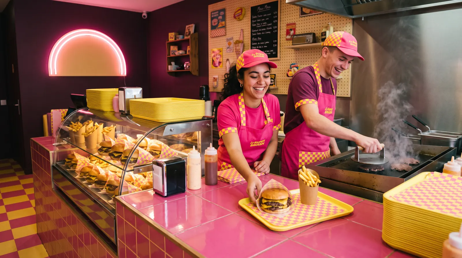 Le comptoir de Maousse : deux équipiers en tablier rose servent un cheese burger, présentoir de burgers et de frites, plaque de cuisson